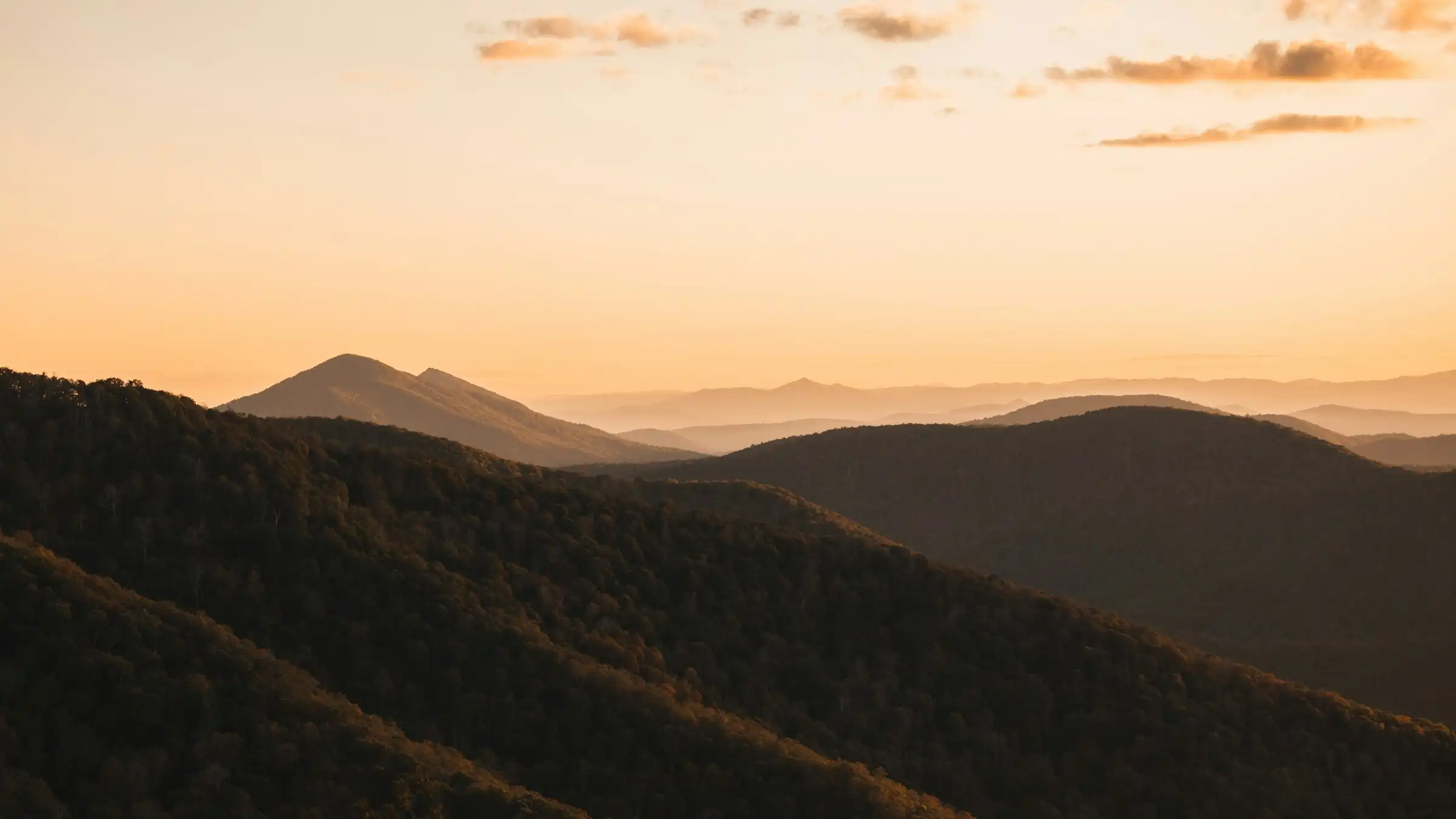 Forested Blue Ridge foothills at sunset, the landscape surrounding Martinsville and Henry County, Virginia.